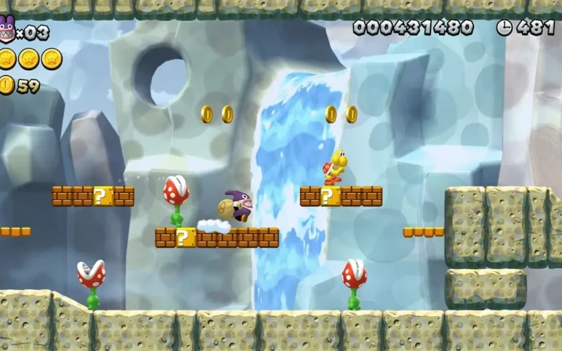 New Super Mario Bros U Deluxe Switch NSP Nabbit navigating a waterfall level with Piranha Plants and Koopa Troopa