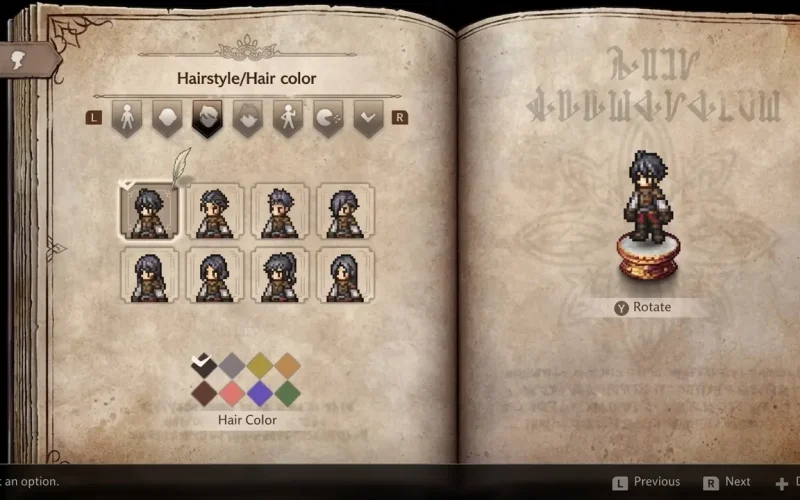 Octopath Traveler 0 Switch NSP character customization menu showing hairstyle and hair color options