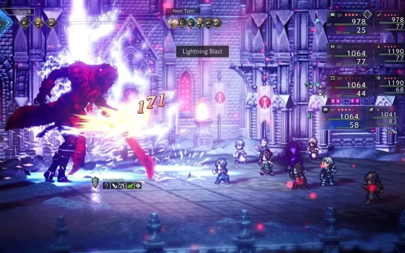 Octopath Traveler 0 Switch NSP turn-based battle scene with party fighting a giant red boss using Lightning Blast