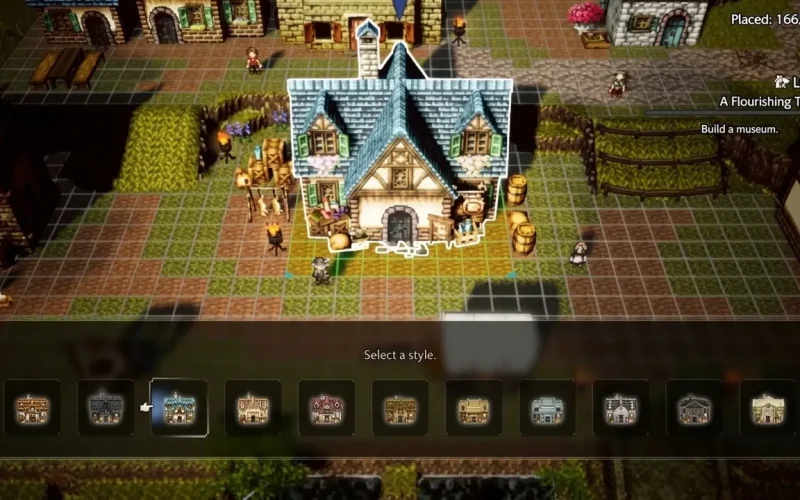 Octopath Traveler 0 Switch NSP town-building menu showing house style selection and placement grid