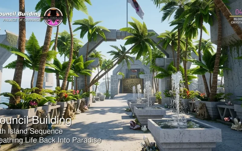 Paradise Killer switch NSP Palm-lined courtyard with fountains at Council Building 24th Island Sequence
