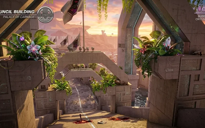 Paradise Killer switch NSP Tropical courtyard with bloodstains at Council Building Palace of Carnage