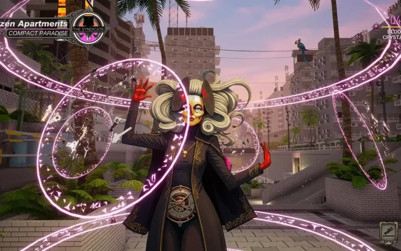 Paradise Killer Switch NSP Masked mystical character conjuring glowing pink energy rings