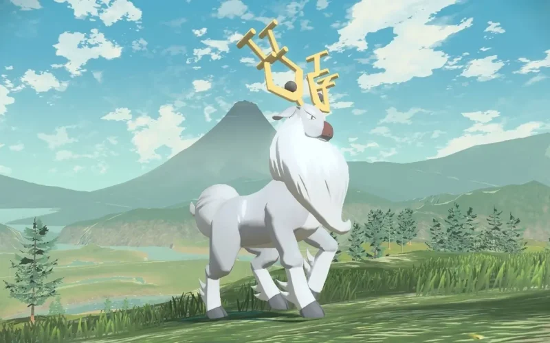Pokemon Legends Arceus Switch NSP White antlered deer Pokemon standing on grassy hill with volcano backdrop