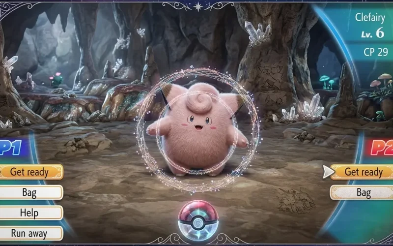 Pokemon Let's Go Pikachu Switch NSP Clefairy Pokemon in sparkly ring trainer battle screen inside crystal cave