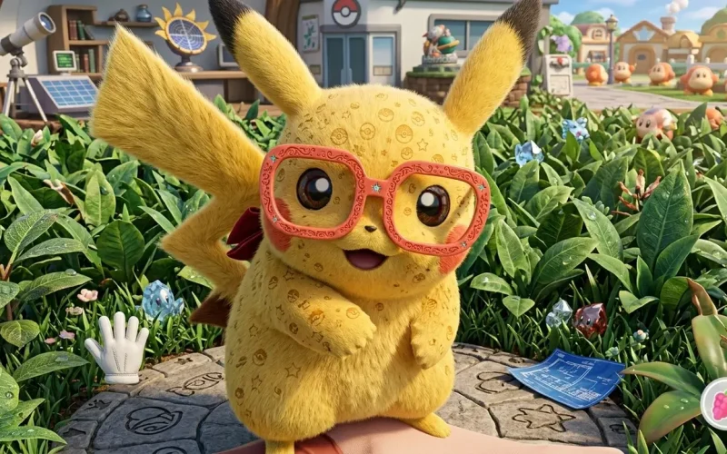 Pokemon Let's Go Pikachu Switch NSP wearing pink glasses accessory close-up in Pallet Town garden