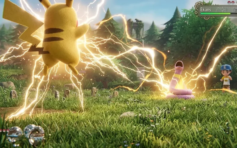 Pokemon Let's Go Pikachu Switch NSP unleashing lightning Thunderbolt attack on Ekans in grassy field