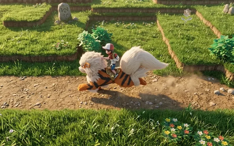 Pokemon Let's Go Pikachu Switch NSP trainer riding Arcanine through hedge maze garden path