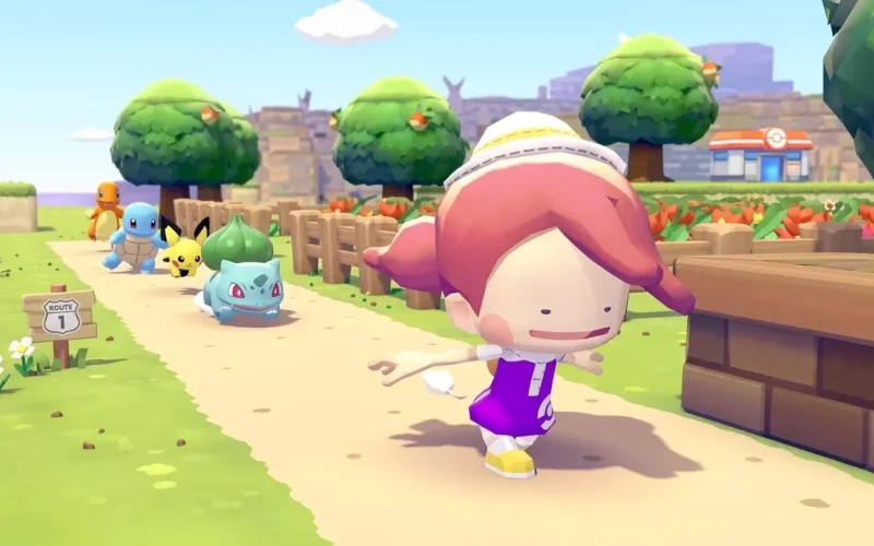Pokémon Pokopia Switch NSP trainer walking along Route 1 followed by Charmander, Squirtle, Pikachu, and Bulbasaur