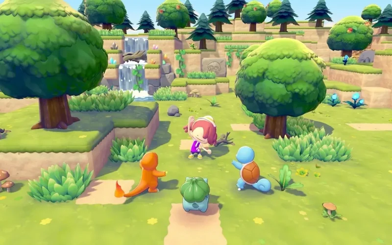 Pokémon Pokopia Switch NSP trainer surrounded by Charmander, Squirtle, and Bulbasaur near a waterfall