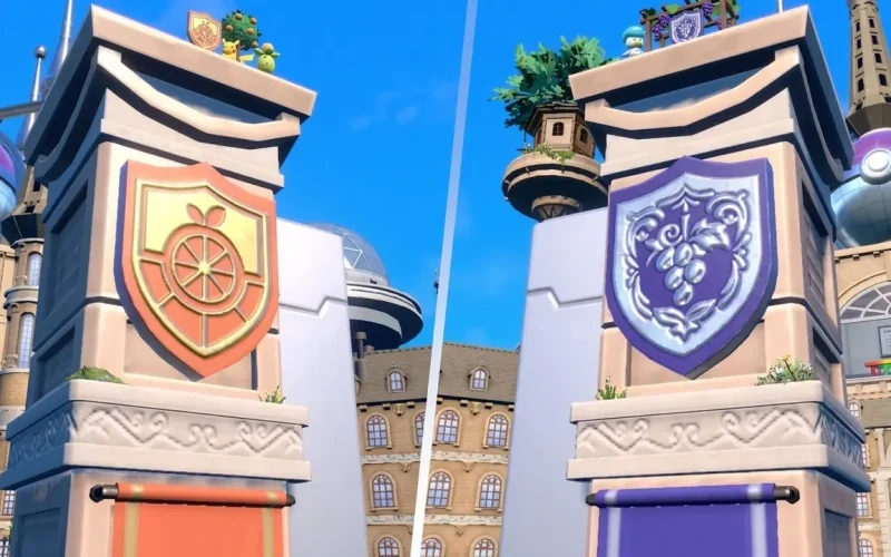 Pokemon Scarlet Switch NSP Two rival academy tower crests with orange and purple shield emblems in Pokemon-style school setting