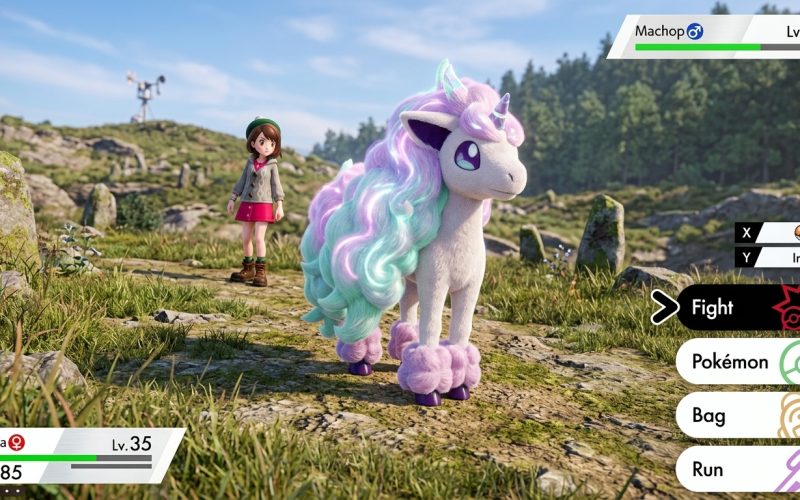 Wild Ponyta facing Machop in Pokemon Sword Shield battle on rocky hillside