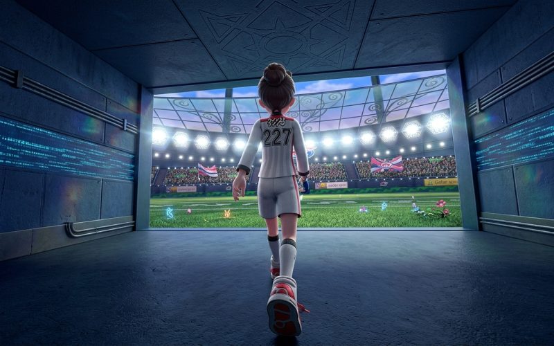 Pokémon Shield Switch NSP Trainer walking through tunnel into crowded stadium with flags and lights