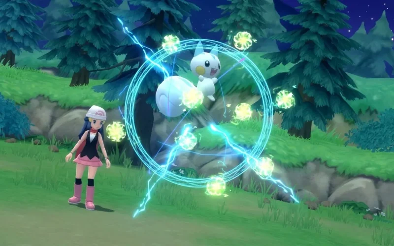 Pokemon Shining Pearl Switch NSP Pokémon trainer watching a Pokémon use an electric attack in a forest area