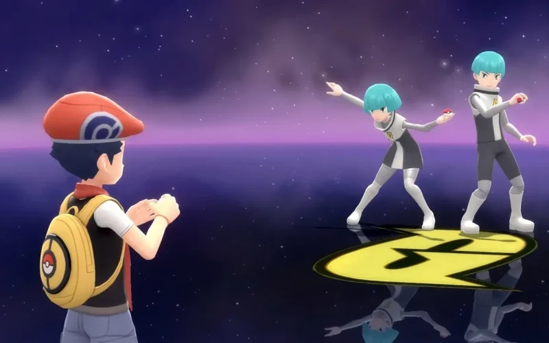 Pokemon Shining Pearl Switch NSP Pokémon trainer facing Team Galactic members during a battle