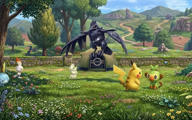 Pokémon Sword Switch NSP Corviknight perched on tent with Pikachu Grookey Sobble and Scorbunny in Galar countryside