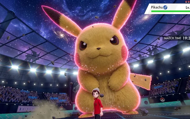 Pokémon Sword Switch NSP Giant Gigantamax Pikachu battling in stadium with trainer below at Level 50