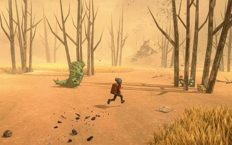 Pokémon Sword Switch NSP Trainer running from Tyranitar Pokemon through sandstorm with dead trees and ruins