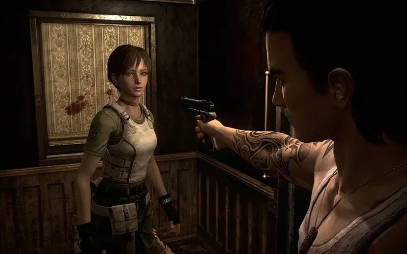 Resident Evil 0 Switch NSP Billy Coen pointing a pistol at Rebecca Chambers in a dimly lit train cabin