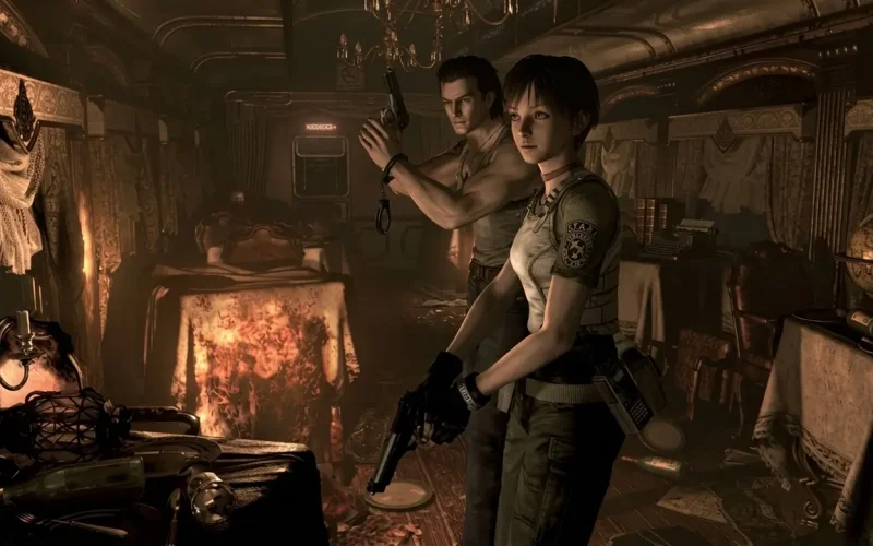 Resident Evil 0 Switch NSP Rebecca Chambers and Billy Coen standing back-to-back with weapons drawn in an ornate train car