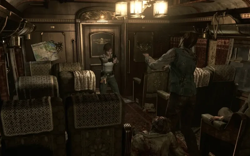 Resident Evil 0 Switch NSP Rebecca Chambers aiming her pistol at a zombie in the Ecolipse Express train corridor