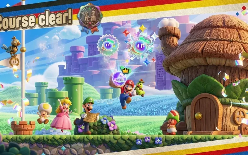 Super Mario Bros. Wonder Switch NSP Mario, Luigi, Peach, and Toad celebrating course clear with Wonder Seeds near mushroom house
