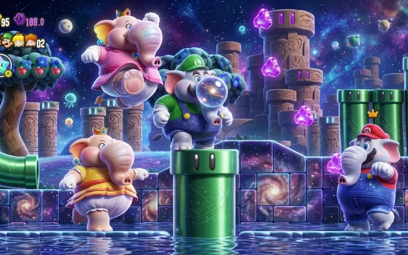 Super Mario Bros. Wonder Switch NSP Elephant Mario, Luigi, Peach, and Daisy transformed characters in galaxy-themed level