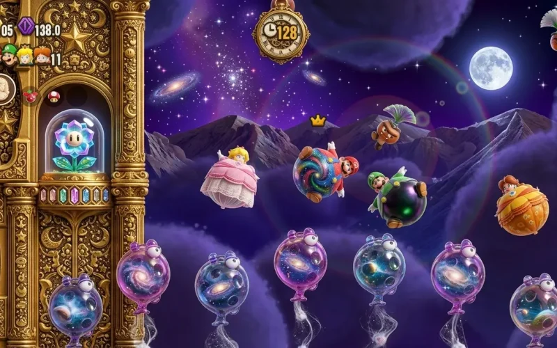 Super Mario Bros. Wonder Switch NSP Mario, Luigi, Peach transformed into floating balls during Wonder Flower effect at night