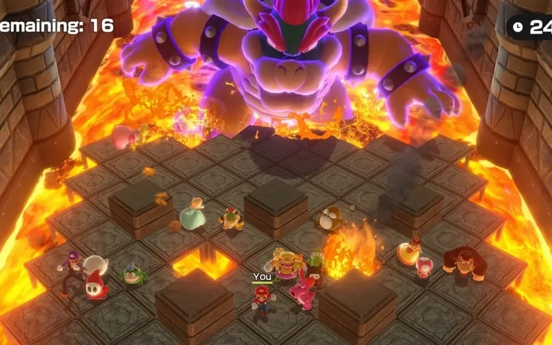 Super Mario Party Jamboree Switch NSP Players facing a giant fiery Bowser boss