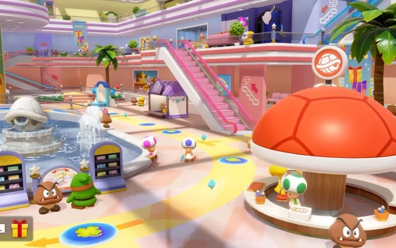 Super Mario Party Jamboree Switch NSP mall-themed board with escalators, fountain, and Toad characters