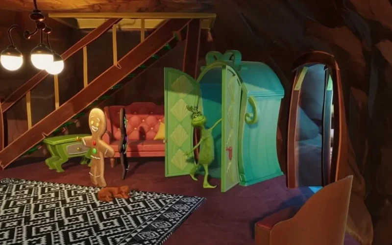 The Grinch Christmas Adventures Switch NSP The Grinch opening a green wardrobe inside his cozy cave home with a gingerbread man, sofa, and staircase