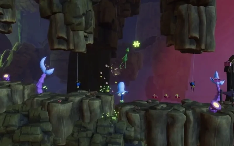 The Grinch Christmas Adventures Switch NSP The Grinch climbing through a dark purple cave with glowing plants, hanging spiders, and a floating puzzle piece
