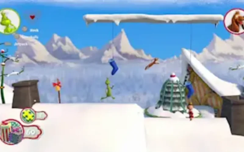 The Grinch Christmas Adventures Switch NSP The Grinch leaping across snowy rooftops with hanging stockings and a snowy mountain backdrop