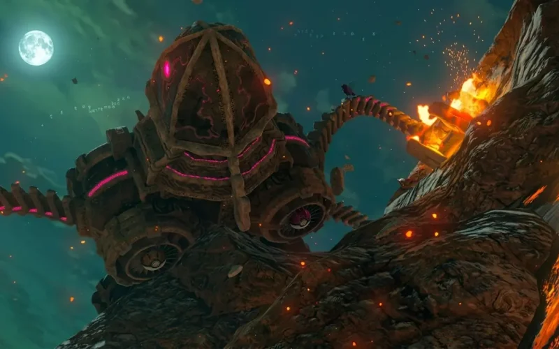 The Legend of Zelda Breath of the Wild Switch NSP Link facing a Guardian near a volcanic mountain
