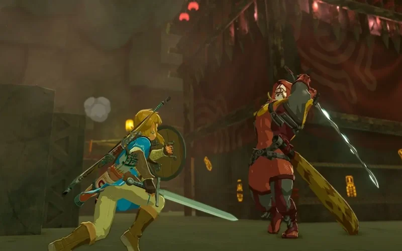 The Legend of Zelda Breath of the Wild Switch NSP Link fighting an enemy with a sword inside a dark environment