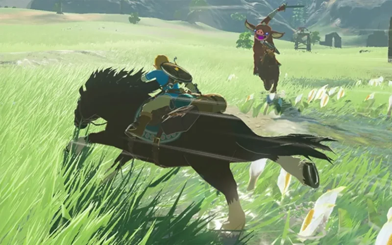 The Legend of Zelda Breath of the Wild Switch NSP Link riding a black horse through a grassy field