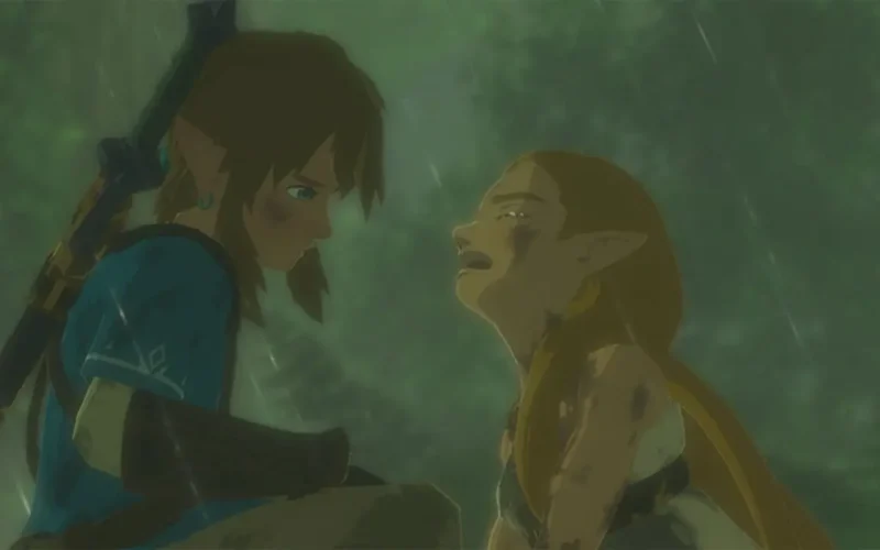The Legend of Zelda Breath of the Wild Switch NSP Link and Zelda standing together during a rainy scene