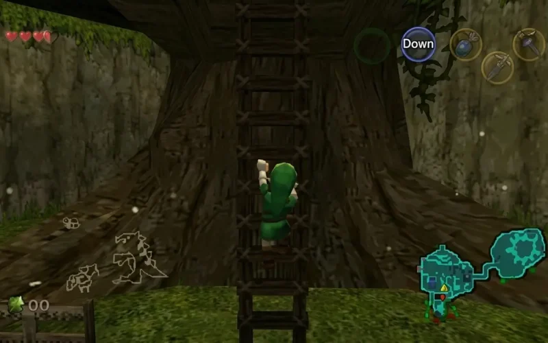 The Legend of Zelda Ocarina of Time Switch NSP Young Link climbing a wooden ladder inside the Great Deku Tree dungeon