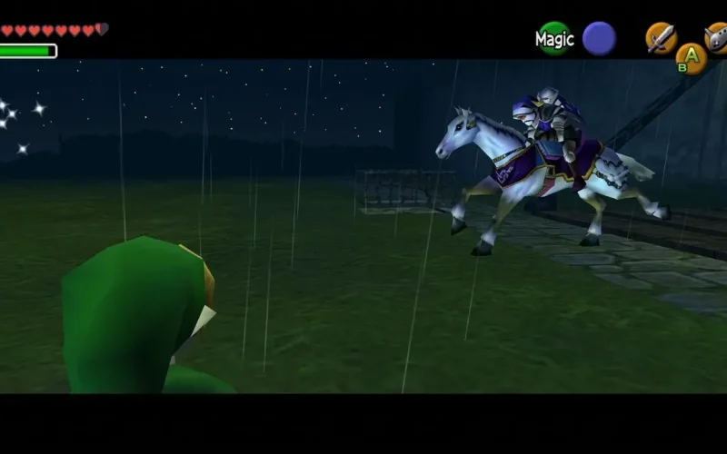 The Legend of Zelda Ocarina of Time Switch NSP Young Link facing an armored knight on a white horse during a rainy nighttime scene