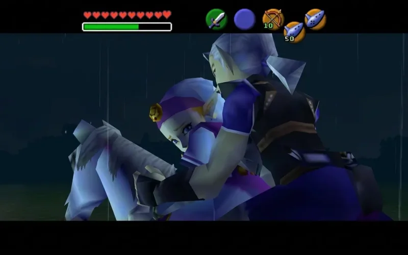 The Legend of Zelda Ocarina of Time Switch NSP Link and Zelda in an emotional embrace during a rainy nighttime cutscene