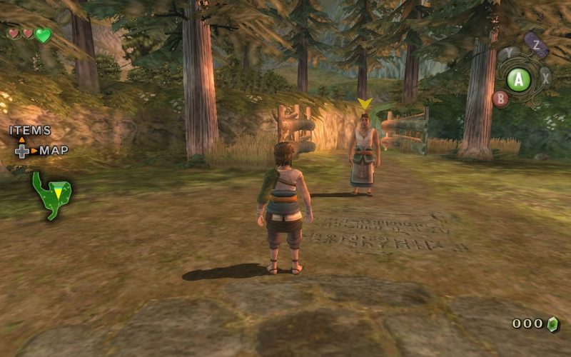 The Legend of Zelda Twilight Princess Switch NSP Link approaching a villager NPC in a sunlit forest clearing with ancient stone carvings