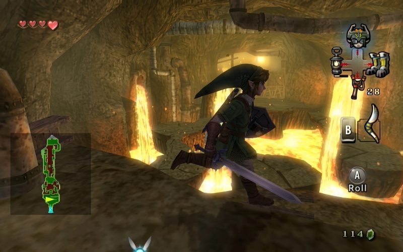 The Legend of Zelda Twilight Princess Switch NSP Link sprinting past lava streams inside a dungeon cave with sword drawn