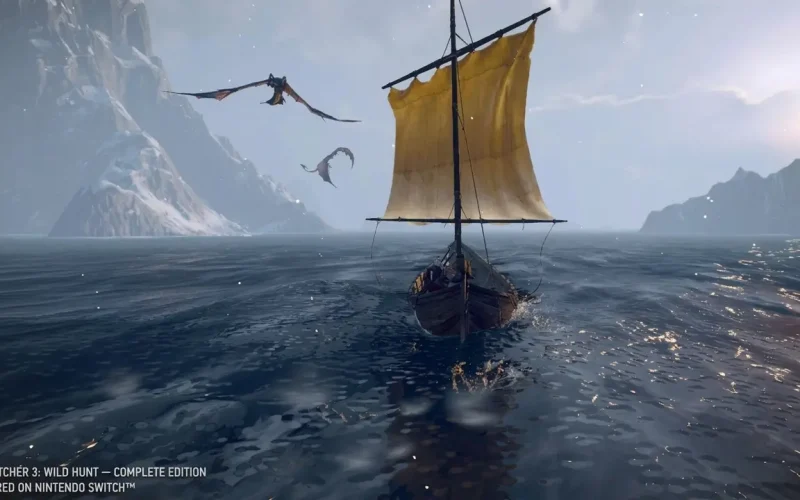 The Witcher 3 Wild Hunt Switch NSP Small sailboat crossing water near snowy cliffs with flying wyverns