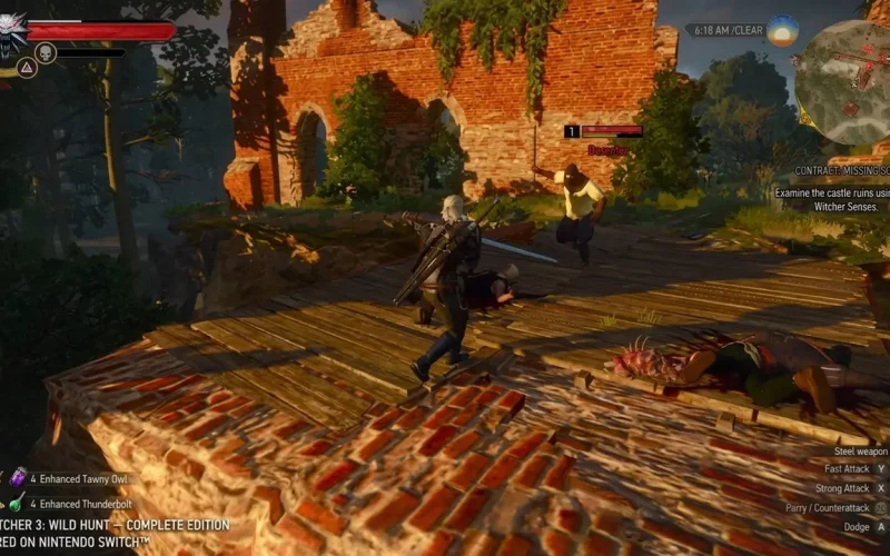The Witcher 3 Wild Hunt Switch NSP Geralt fighting armed deserter on wooden bridge near brick ruins