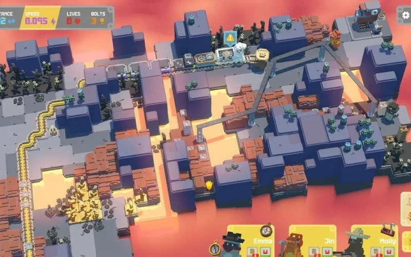 Unrailed 2: Back on Track Switch NSP Players building train tracks across rocky desert biome with warning ico