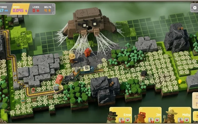 Unrailed 2: Back on Track Switch NSP Voxel-style giant spider boss looming over train tracks