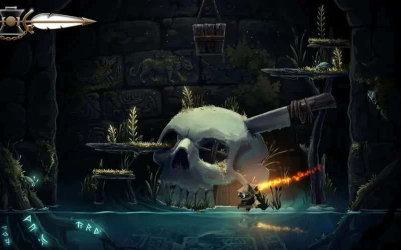 Well Dweller Switch NSP Hooded torch-carrying character exploring a swamp with a giant carved skull shrine and glowing runes