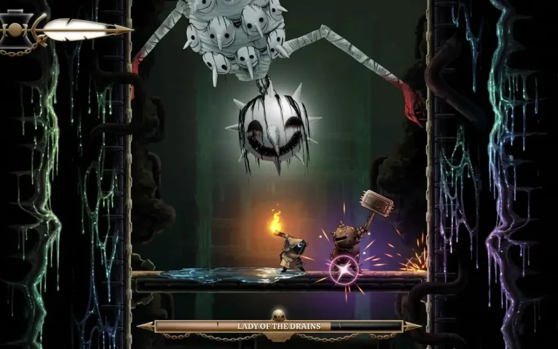 Well Dweller Switch NSP Player character battling a spiked wrecking-ball boss called Lady of the Drains alongside an armored ally