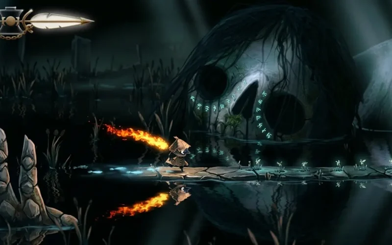 Well Dweller Switch NSP Small torch-lit character walking across a stone path beside a massive root-covered skull with glowing symbols