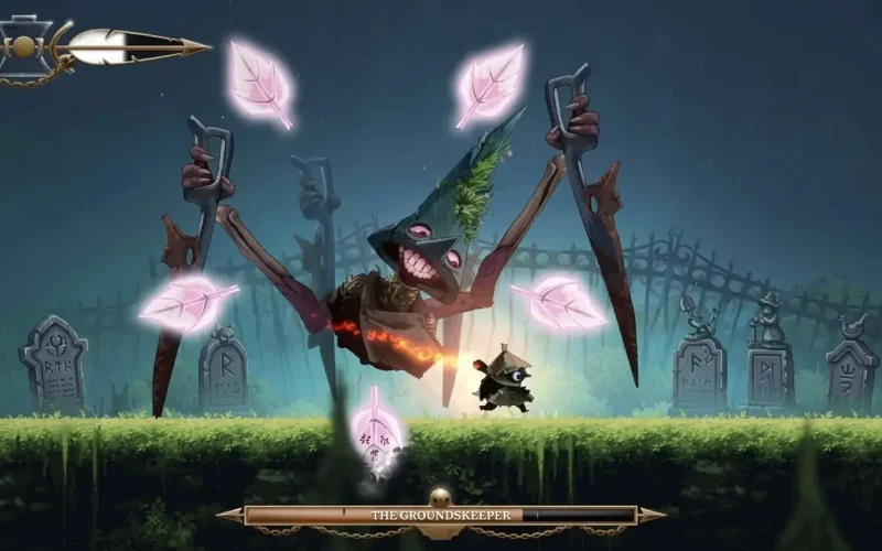 Well Dweller Switch NSP Player character facing The Groundskeeper, a scarecrow-like boss with scythe arms and glowing leaves, in a graveyard